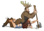  anal antlers axe barazoku beard clothing duo facial_hair ghuraok horn human humanoid male male/male mammal melee_weapon not_furry pants satyr sex shirt topwear torn_clothing weapon 