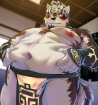  2019 black_nose brown_fur canid canine canis clothing detailed_background fur headband horkeukamui loincloth male mammal multicolored_fur navel nipples oaks16 overweight solo tokyo_afterschool_summoners two_tone_fur video_games white_fur wolf yellow_eyes 