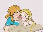  1girl 2boys belly bisexual bisexual_(male) blonde_hair blue_eyes blush colorized dross earrings eyebrows fellatio green_eyes jewelry licking link long_hair multiple_boys nintendo nude oral penis ponytail princess_zelda shirt stomach testicles the_legend_of_zelda 