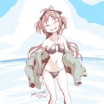  1girl 2019 artist_name ass_visible_through_thighs bikini black_bikini black_ribbon blue_sky blush breasts cloud collarbone dated eyes_closed fangs mahou_shoujo_madoka_magica mr_nini ocean red_hair ribbon sakura_kyouko side-tie_bikini sky small_breasts smile solo swimsuit swimsuit_under_clothes 