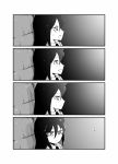  1girl 4koma :d bags_under_eyes comic d: from_side gradient gradient_background greyscale hair_between_eyes katakoriku kuroki_tomoko looking_at_viewer looking_to_the_side monochrome open_mouth portrait smile watashi_ga_motenai_no_wa_dou_kangaetemo_omaera_ga_warui! 