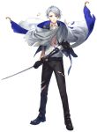  1boy black_pants blood blue_eyes cape collared_shirt full_body highres injury katana male_focus official_art pants parted_lips shirt silver_hair sword toichi_(ik07) torn_clothes torn_pants torn_shirt touken_ranbu transparent_background weapon yamanbagiri_chougi 