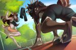  anthro antlers bottomless bulge butt cervid clothed clothing duo female hooves horn kuroame male mammal open_mouth outside smile surprise 