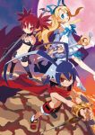  1boy 2girls angel angel_wings antenna_hair black_gloves blonde_hair bloomers blue_eyes blue_hair boots bracelet choker demon_boy demon_girl demon_wings detached_sleeves disgaea earrings elbow_gloves etna feathered_wings flonne full_moon gloves hair_ribbon hands_together harada_takehito holding holding_spear holding_staff holding_sword holding_weapon jewelry laharl looking_at_viewer mini_wings moon multiple_girls navel official_art open_mouth pencil_skirt planted_sword planted_weapon pointy_ears polearm red_eyes red_hair red_wings ribbon scarf shorts skirt skull_earrings slit_pupils smile spear staff standing sword twintails underwear v_arms weapon white_footwear white_wings wings 