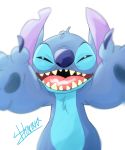  2017 alien blue_claws blue_fur blue_nose blue_pawpads chest_tuft claws depth_of_field disney experiment_(species) fur harara head_tuft hi_res lilo_and_stitch looking_at_viewer notched_ear open_mouth open_smile pawpads reaching_towards_viewer signature simple_background smile solo squint stitch tuft white_background 