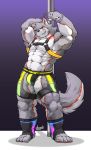  2019 abs anthro biceps bulge canid canine canis clothing digital_media_(artwork) fur hi_res kamyuelo kemono male mammal muscular muscular_male pecs wolf 