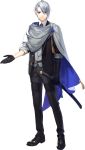  1boy black_gloves blue_eyes cape collared_shirt full_body gloves highres katana male_focus official_art sheath sheathed shirt silver_hair smile sword tassel toichi_(ik07) touken_ranbu transparent_background waistcoat weapon yamanbagiri_chougi 