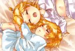  1boy 1girl bed_sheet blonde_hair blue_pajamas blush brother_and_sister child eyes_closed fetal_position hair_grab hair_ornament hairclip kagamine_len kagamine_rin lying messy midriff_peek mutsuo_(ragi-ichi) navel on_back on_side open_mouth pajamas parted_lips pink_pajamas saliva shirt_lift short_ponytail siblings sleeping star star_(sky) starry_background twins vocaloid younger 