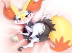  absurd_res blush bottomless braixen butt chest_tuft choker clothed clothing crown embarrassed eryz feather_duster female fur hi_res inner_ear_fluff laying_on_bed legwear looking_at_viewer maid_headdress maid_uniform mammal multicolored_tail nintendo pawpads pok&eacute;mon pok&eacute;mon_(species) pussy ribbons solo stockings tiara tuft uniform video_games 