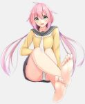  1girl blue_eyes blush feet foot_worship highres kagamihara_nadeshiko long_hair looking_at_viewer no_shoes open_mouth panties pantyshot pink_hair school_uniform simple_background sitting smile soles solo toes toyomi_13 underwear yurucamp 