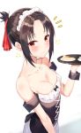  1girl absurdres albi bangs bare_shoulders black_hair blush bow breasts cleavage collarbone dress food frills hair_ornament_removed half-closed_eyes highres kaguya-sama_wa_kokurasetai_~tensai-tachi_no_renai_zunousen~ looking_at_viewer maid maid_headdress parted_bangs plate red_eyes shinomiya_kaguya simple_background small_breasts solo standing strapless tied_hair waitress white_background 