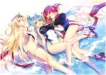  3girls absurdres beach black_swimsuit blonde_hair breasts choco clogs competition_swimsuit earrings eyebrows_visible_through_hair gem green_eyes green_hair hair_ornament headpiece highres hikari_(xenoblade_2) homura_(xenoblade_2) jewelry large_breasts legs long_hair looking_at_viewer lying multiple_girls nintendo official_art one-piece_swimsuit pneuma_(xenoblade_2) ponytail pose red_eyes red_hair sand short_hair smile source_request spoilers swimsuit thigh_strap tiara very_long_hair water waves white_swimsuit xenoblade_(series) xenoblade_2 yellow_eyes 