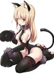  1girl animal_costume animal_ears bangs black_footwear black_gloves black_leotard blush boots breasts cat_costume cat_ears cat_tail cleavage commentary_request elbow_gloves eyebrows_visible_through_hair fake_animal_ears fake_tail fate/stay_night fate_(series) flying_sweatdrops full_body fur_collar gloves half-closed_eyes illyasviel_von_einzbern leotard light_frown long_hair looking_at_viewer medium_breasts navel noa_(nagareboshi) parted_lips paw_boots paw_gloves paws simple_background sitting solo stomach_cutout tail thigh_boots thighhighs thighs wariza white_background 