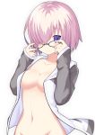  1girl absurdres adjusting_eyewear breasts closed_mouth collarbone eyebrows_visible_through_hair fate/grand_order fate_(series) groin hair_over_one_eye hands_up highres jacket long_sleeves mash_kyrielight medium_breasts naked_coat navel open_clothes open_jacket purple_eyes purple_hair shichi_(ponpeex) short_hair simple_background sleeves_past_wrists smile solo white_background 