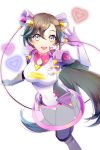  1girl :d bangs bodysuit brown_hair covered_navel gloves hair_between_eyes hair_ornament hand_up headset heart long_hair looking_at_viewer megaphone_hair_ornament mismatched_gloves multicolored multicolored_eyes official_art open_mouth parted_bangs purple_gloves smile soccer_spirits solo standing transparent_skirt tuuuh veronica_(soccer_spirits) very_long_hair white_gloves 