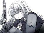  1girl ^_^ anger_vein bangs closed_eyes closed_mouth eyebrows_visible_through_hair eyes_closed fingerless_gloves girls_frontline gloves gun h&amp;k_ump45 hair_between_eyes hair_ornament holding holding_gun holding_weapon jacket lolicept long_hair monochrome one_side_up open_clothes pov reaching_out scar scar_across_eye shaded_face shirt simple_background smile trembling ump45_(girls_frontline) weapon 