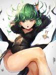 1girl absurdres arms_behind_head arms_up bald bare_legs black_dress curly_hair dress green_eyes green_hair half-closed_eyes highres legs legs_crossed long_sleeves looking_at_viewer manichi one-punch_man open_mouth saitama_(one-punch_man) short_hair solo tatsumaki thighs wind wind_lift 