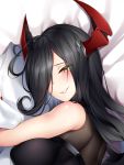  1girl asymmetrical_bangs azur_lane bakugadou bangs bare_shoulders bed_sheet black_hair bodysuit breasts dakimakura eyes_visible_through_hair friedrich_der_grosse_(azur_lane) grin hair_over_one_eye horn_ornament large_breasts long_hair looking_at_viewer lying nail_polish on_side red_nails sleeveless smile solo straight_hair taut_clothes turtleneck 