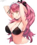  1girl :d aizono_manami armpits arms_behind_head arms_up bangs bare_arms bare_shoulders black_bikini_top black_ribbon blush breasts cleavage collarbone commentary_request cropped_torso dated eyebrows_visible_through_hair fang hair_ribbon kasuka_(kusuki) large_breasts long_hair looking_away maid_headdress nijisanji open_mouth orange_eyes pink_hair ribbon simple_background skin_fang smile solo strap_gap upper_body virtual_youtuber white_background 