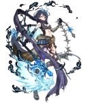  1girl alice_(sinoalice) asymmetrical_clothes axe bandage bandaged_arm bandaged_leg bandages belt black_hair blood blood_on_face chains checkered cuts eyebrows_visible_through_hair fake_tail full_body fur_trim hairband hidden_mouth holding holding_axe injury ji_no looking_at_viewer navel official_art red_eyes revealing_clothes scarf scarf_over_mouth short_hair sinoalice solo tail torn_scarf transparent_background 