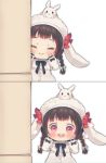  1girl :d ^_^ animal animal_ears animal_hat animal_on_head bangs black_bow blush bow braid brown_hair bunny bunny_ears bunny_hat bunny_on_head chibi closed_eyes closed_mouth commentary dress eyebrows_visible_through_hair eyes_closed facing_viewer fake_animal_ears foreign_blue girls_frontline hair_bow hat korean_commentary long_hair long_sleeves looking_at_viewer low_twintails m99_(girls_frontline) on_head open_mouth peekaboo puffy_long_sleeves puffy_sleeves red_eyes round_teeth sleeves_past_wrists smile teeth twin_braids twintails upper_teeth white_bow white_dress white_headwear 