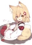  1girl :d absurdres animal_ear_fluff animal_ears apron bangs blush brown_apron brown_eyes commentary_request eyebrows_visible_through_hair fgz flower fox_ears fox_girl fox_tail full_body hair_between_eyes hair_flower hair_ornament hakama highres japanese_clothes kimono lap_pillow_invitation light_brown_hair long_hair long_sleeves looking_at_viewer miko mm2k open_mouth red_flower red_hakama ribbon-trimmed_sleeves ribbon_trim senko_(sewayaki_kitsune_no_senko-san) sewayaki_kitsune_no_senko-san shadow sleeves_past_wrists smile solo tail tail_raised white_background white_kimono wide_sleeves 