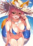  1girl animal_ear_fluff animal_ears bikini blue_bikini blue_sky blush breasts cleavage cloud covered_nipples day ears_through_headwear fate/grand_order fate_(series) fox_ears fox_tail hand_up hat highres innertube kawai large_breasts light_particles long_hair looking_at_viewer navel ocean outdoors pink_hair side-tie_bikini skindentation sky smile solo sparkle straw_hat sun_hat swimsuit tail tamamo_(fate)_(all) tamamo_no_mae_(fate) tamamo_no_mae_(swimsuit_lancer)_(fate) yellow_eyes 