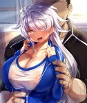  1boy 1girl alternate_costume alternate_hairstyle areolae black_hair blue_jacket blush braid breasts covered_nipples eyebrows_visible_through_hair eyes_visible_through_hair huge_breasts jacket kantai_collection large_areolae long_hair long_sleeves open_mouth shirt short_hair silver_hair sportswear sweatdrop unryuu_(kantai_collection) very_long_hair wavy_hair white_shirt yamaarashi yellow_eyes 