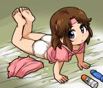  1girl arm_support barefoot bed_sheet brown_hair closed_mouth dildo dress feet female headband hiru_made_ne-tarou hokuto_no_ken looking_at_viewer lying lynn on_bed on_stomach panties purple_eyes sex_toy short_dress short_hair skirt soles solo the_pose toes torn_clothes torn_sleeves underwear white_panties 