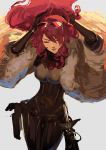  1girl absurdres bow breasts evoker eyes_closed fur_trim gloves hair_over_one_eye highres kirijou_mitsuru large_breasts long_hair ormille persona persona_3 persona_4:_the_ultimate_in_mayonaka_arena rapier red_hair ribbon solo sword weapon 
