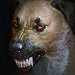  1:1 2018 ambiguous_gender angry atenebris black_background black_nose canid canine canis digital_media_(artwork) digital_painting_(artwork) domestic_dog fangs feral fur green_sclera headshot_portrait looking_at_viewer mammal photorealism portrait red_eyes simple_background snarling solo tan_fur teeth 