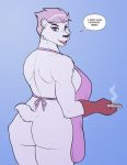  anthro apron big_butt breasts butt clothing conditional_dnp dialogue english_text female food invalid_tag kadath mammal mature_female oven_mitts simple_background solo standing text ursid 