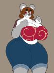  big_breasts big_butt bra breasts brown_hair butt clothing fur grey_fur hair hi_res huge_breasts huge_butt jeans koala looking_at_viewer mammal marsupial pants red_eyes shirt topwear underwear vammzu vombatiform wide_hips 