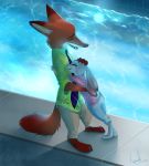  absurd_res canid canine disney duo female fox hi_res hug judy_hopps lagomorph leporid male mammal nick_wilde rabbit relaxable relaxablefur swimming_pool water zootopia 