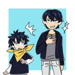  2boys bandanna black_hair blue_eyes cardigan child commentary dual_persona english_commentary fang looking_at_another male_focus morgana_(persona_5) multiple_boys pants persona persona_5 persona_5_the_royal personification soap-on-a-stick sparkle surprised white_pants yellow_bandana 