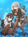  2girls ascot azur_lane bangs black_hair black_legwear blazer bow breasts brown_jacket brown_legwear closed_mouth cloud crossover day gloves grey_eyes grey_hair hair_between_eyes hair_ornament hair_ribbon hairclip hand_on_ear hand_on_own_knee holding holding_sword holding_weapon horns jacket kantai_collection katana kinpira_gobou large_breasts long_hair long_sleeves looking_at_viewer multiple_girls namesake open_mouth outdoors pantyhose pleated_skirt ribbon rigging salute school_uniform shirt shoes short_sleeves skirt sky smile suzuya_(azur_lane) suzuya_(kantai_collection) sword thighhighs water weapon white_gloves yellow_eyes 
