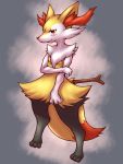  340m/sec 3:4 3_fingers 3_toes ambiguous_gender blush braixen dipstick_tail ear_tuft full-length_portrait fur grey_background half-closed_eyes hand_on_arm hi_res looking_forward multicolored_tail nintendo pok&eacute;mon pok&eacute;mon_(species) portrait red_eyes red_fur red_nose simple_background smile solo standing stick three-quarter_view toes tuft video_games white_fur wide_hips yellow_fur 