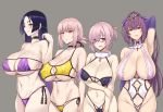  4girls bangs bare_shoulders bikini blush braid breasts choker closed_mouth collarbone eyepatch_bikini fate/grand_order fate_(series) florence_nightingale_(fate/grand_order) folded_ponytail glasses hair_between_eyes hair_over_one_eye hair_ribbon headpiece highres large_breasts lavender_hair long_hair looking_at_viewer mash_kyrielight minamoto_no_raikou_(fate/grand_order) minamoto_no_raikou_(swimsuit_lancer)_(fate) multiple_girls navel open_mouth parted_bangs pink_hair purple_bikini purple_eyes purple_hair purple_ribbon red_eyes ribbon scathach_(fate)_(all) scathach_skadi_(fate/grand_order) short_hair short_ponytail simple_background smile swimsuit tiara very_long_hair zhen_lu 