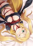  1girl azur_lane bdsm between_breasts blonde_hair bondage bound bound_arms breasts clenched_teeth collarbone commentary_request green_eyes highres hornet_(azur_lane) large_breasts looking_at_viewer lying navel on_back one_eye_closed restrained shorts solo teeth twintails wince yasume_yukito 