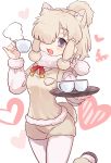  1girl :d alpaca_ears alpaca_suri_(kemono_friends) alpaca_tail animal_ear_fluff animal_ears bangs beige_shorts beige_vest bey_(bey01st) blonde_hair blue_eyes blush breast_pocket cup dot_nose drink eyebrows_visible_through_hair fur-trimmed_sleeves fur-trimmed_vest fur_collar fur_trim gradient_ribbon hair_bun hair_over_one_eye hair_tie hands_up heart holding holding_cup holding_tray kemono_friends leg_lift legwear_under_shorts long_sleeves looking_at_viewer multicolored multicolored_ribbon neck_ribbon open_mouth pantyhose pinky_out pocket polka_dot red_ribbon ribbon shorts sidelocks simple_background smile solo steam striped tail tareme tea teacup tray two-tone_ribbon vest white_background white_legwear yellow_ribbon 