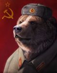  2017 anthro atenebris black_nose brown_bear brown_eyes brown_fur bust_portrait clothed clothing communism digital_media_(artwork) front_view fur hammer_and_sickle hat headgear headwear male mammal multicolored_fur politics portrait russian solo soviet_union standing two_tone_fur uniform ursid ursine ushanka white_fur 