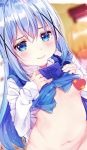  1girl bangs blue_bow blue_eyes blue_hair blue_vest blurry blurry_background blush bottomless bow breasts censored closed_mouth collared_shirt commentary_request depth_of_field eyebrows_visible_through_hair gochuumon_wa_usagi_desu_ka? groin hair_between_eyes hair_ornament heart highres kafuu_chino lifted_by_self long_hair looking_at_viewer navel no_bra novelty_censor out-of-frame_censoring rabbit_house_uniform rouka_(akatyann) shirt shirt_lift small_breasts solo sparkle uniform very_long_hair vest vest_lift waitress white_shirt x_hair_ornament 
