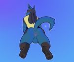  2018 anthro anus balls blue_fur butt canid canine digital_media_(artwork) fur hi_res looking_at_viewer lucario male mammal nintendo nude pok&eacute;mon pok&eacute;mon_(species) presenting presenting_anus raised_tail rear_view simple_background solo tohfu video_games yellow_fur 