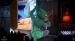  2019 anthro butt chameleon clothed clothing detailed_background digital_media_(artwork) erection flap-necked_chameleon hi_res holding_object leon_powalski lizard lonelycharart male nintendo reptile scalie sitting solo space star_fox tools video_games wrench 