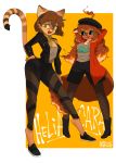  2019 absurd_res ahoge anthro ascot black_sclera breasts canid canine caradhina cleavage clothed clothing digital_media_(artwork) domestic_cat duo embers fashion felid feline felis female fire fishnet fur hair helia_peppercats_(wrinklynewt) hi_res jacket leggings legwear looking_at_viewer mammal nrvos open_mouth sad_whale simple_background smile topwear 