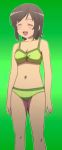 1girl 2015 ^_^ bikini blush futsuu_no_joshikousei_ga_locodol_yattemita green_background green_bikini green_swimsuit legs swimsuit usami_nanako 