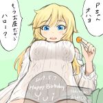  1girl bangs blonde_hair blue_eyes blush breasts candy commentary_request dated eyebrows_visible_through_hair food green_background happy_birthday highres holding idolmaster idolmaster_cinderella_girls large_breasts lollipop long_hair long_sleeves looking_at_viewer ootsuki_yui rabinidaddo ribbed_sweater simple_background solo speech_bubble sweater translation_request upper_teeth white_sweater 
