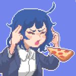  1girl ahoge blue_background blue_hair collared_shirt commentary concentrating english_commentary eyes_closed floating food furrowed_eyebrows hcnone jacket levitation mundane_utility open_mouth original pixel_art pizza shirt short_hair simple_background slice_of_pizza solo telekinesis upper_body 
