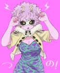  ! 1girl absurdres ashido_mina black_sclera boku_no_hero_academia breasts cleavage commentary_request dress eyebrows_visible_through_hair glasses green_dress highres horns jacket jipponwazaari large_breasts pink_background pink_hair pink_skin pointing pointing_up purple_dress short_hair short_sleeves simple_background solo teeth translation_request upper_body yellow_eyes yellow_jacket 