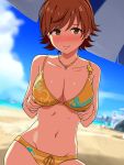  1girl animated animated_gif areolae beach bikini blush breasts breasts_outside brown_eyes brown_hair honda_mio idolmaster idolmaster_cinderella_girls large_breasts looking_at_viewer medium_breasts nipples otayama removing_bra short_hair smile solo swimsuit 